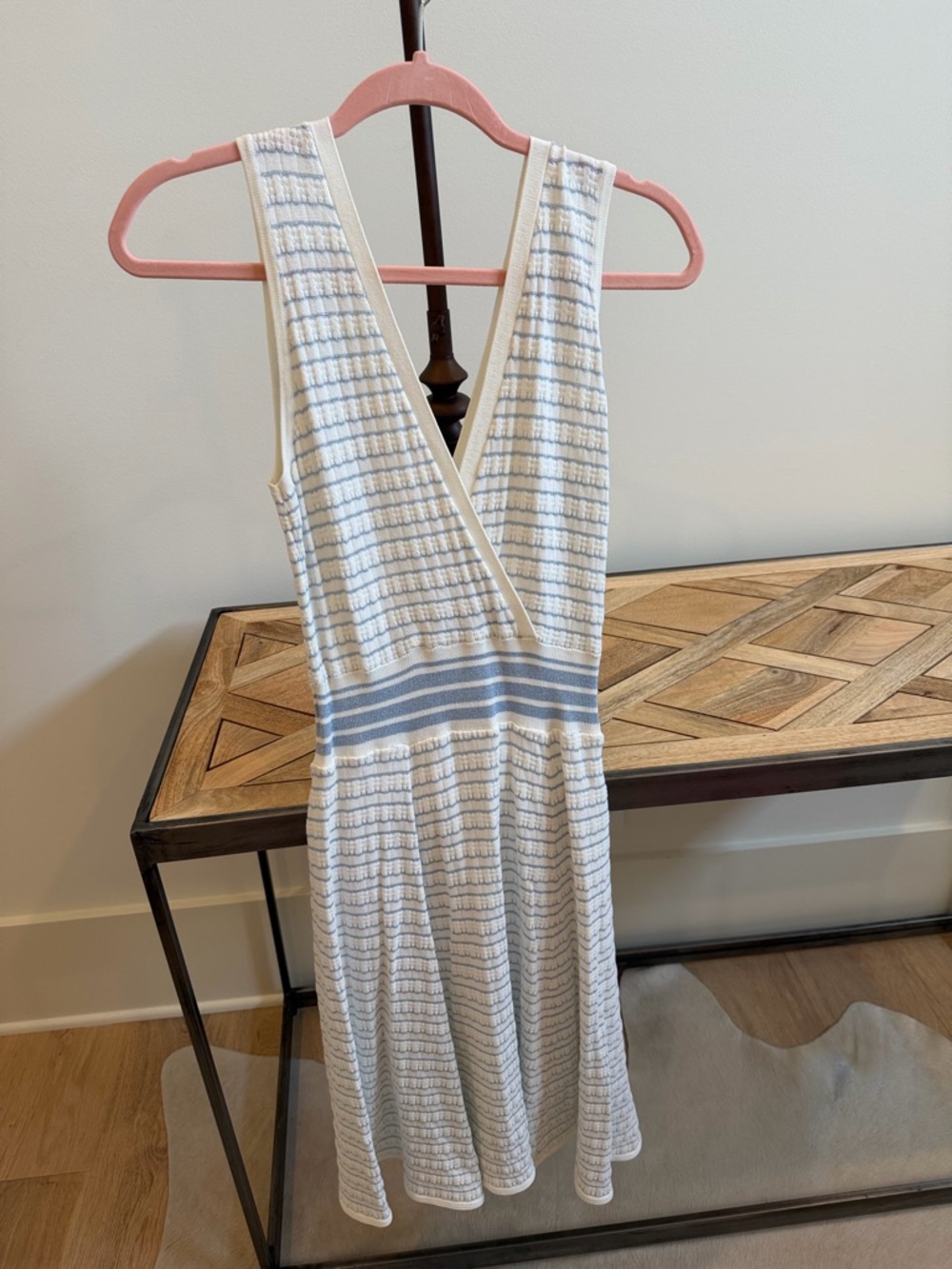 Sleeveless V-Neck Striped Knit Dress in White and Light Blue